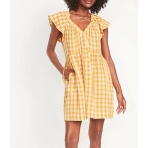 Old Navy V Neck Ruffle Sleeve Plaid Babydoll Mini Dress Yellow Medium